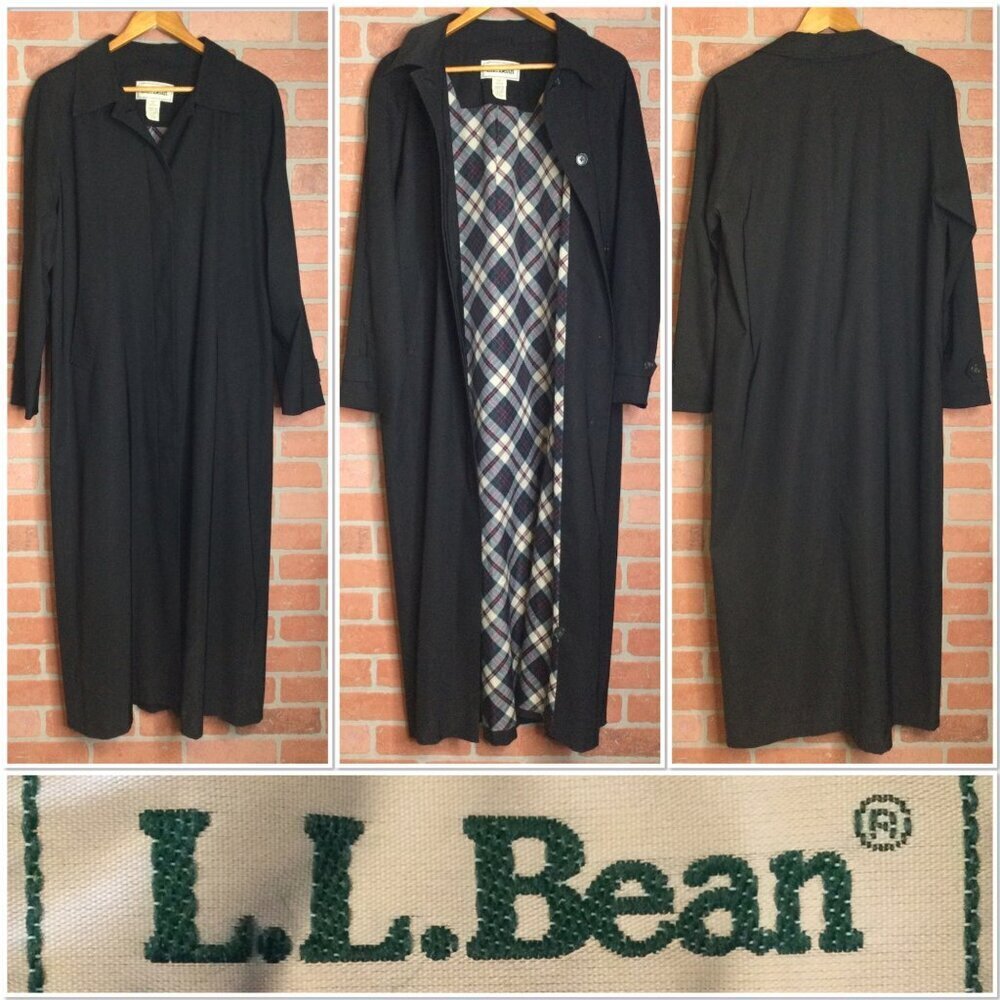 VTG LL Bean Womens Black Full Length Button Up Trench Coat Tartan Plaid Lining M